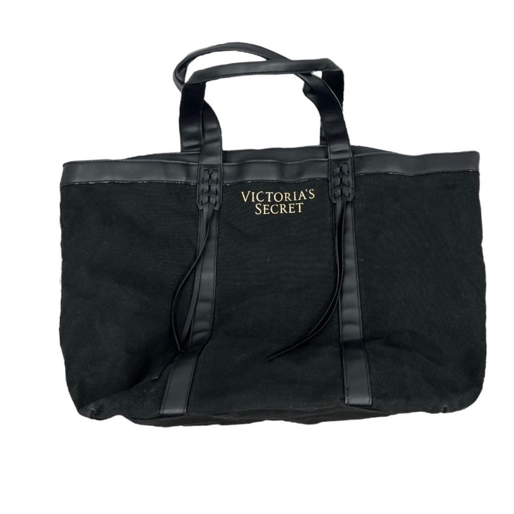 Victoria's Secret Tote Black large no close bag braided tassel gold logo travel